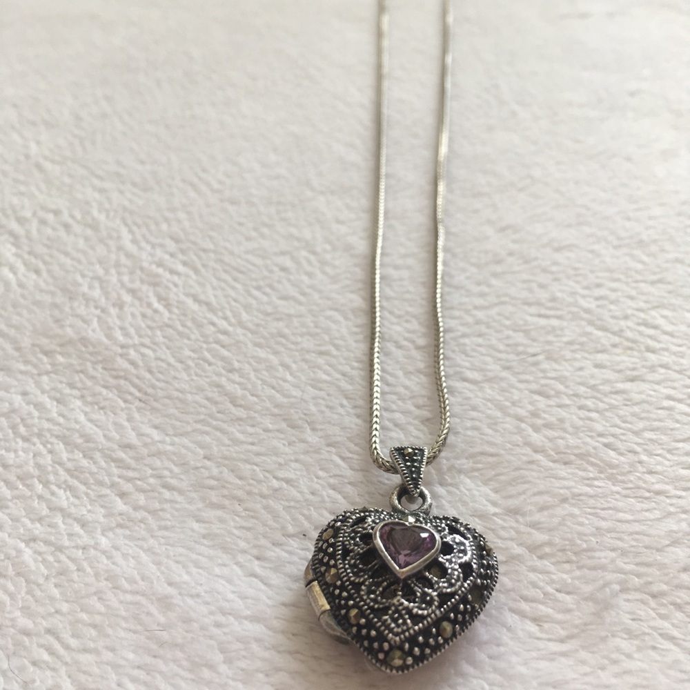 Silver Marcasite & Amethyst Heart Necklace